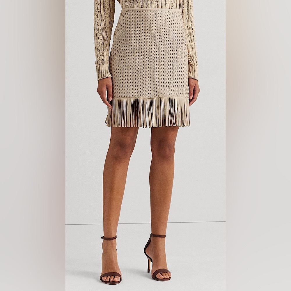 Lauren Ralph Lauren Fringe-Trim Woven Leather Pencil Skirt - Picture 3 of 7